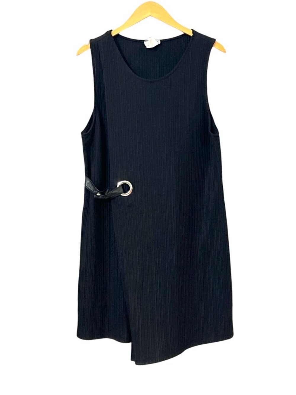 ZOE Black Ribbed Dress M Asymmetrical Ring Belt Tank Midi Minimalist Goth